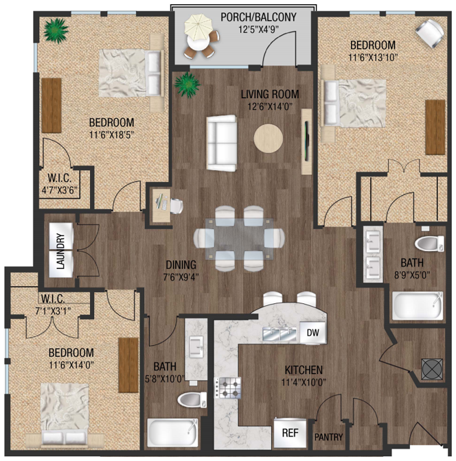 Floor plan for 3 beds, 2 baths, 1346 sqft